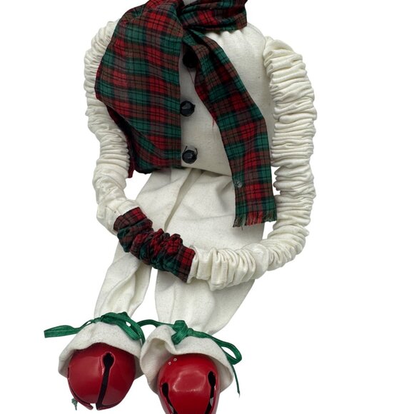 Fabric Snowman Decoration With Tartan Scarf Black Top Hat & Jingle Bell Shoes - Picture 3 of 5